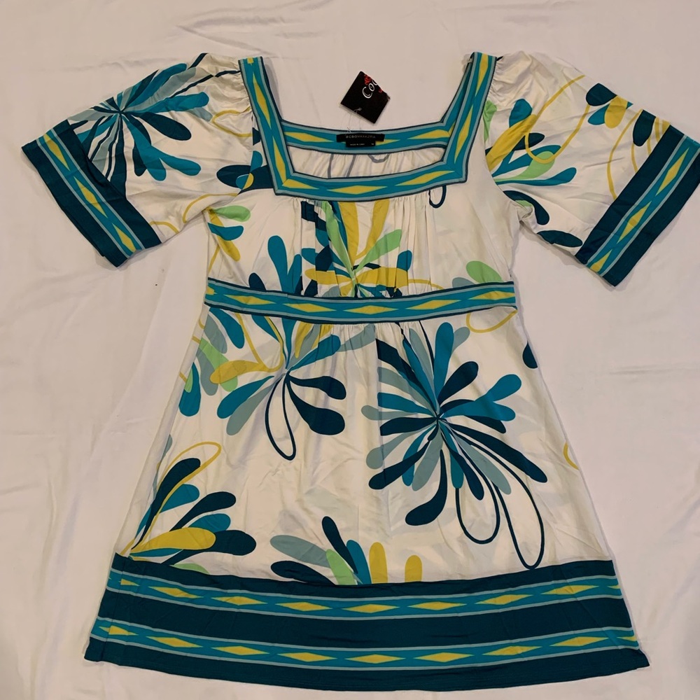 BCBG  Mini Babydoll Dress Floral Green Blue Yellow Flowers Size M